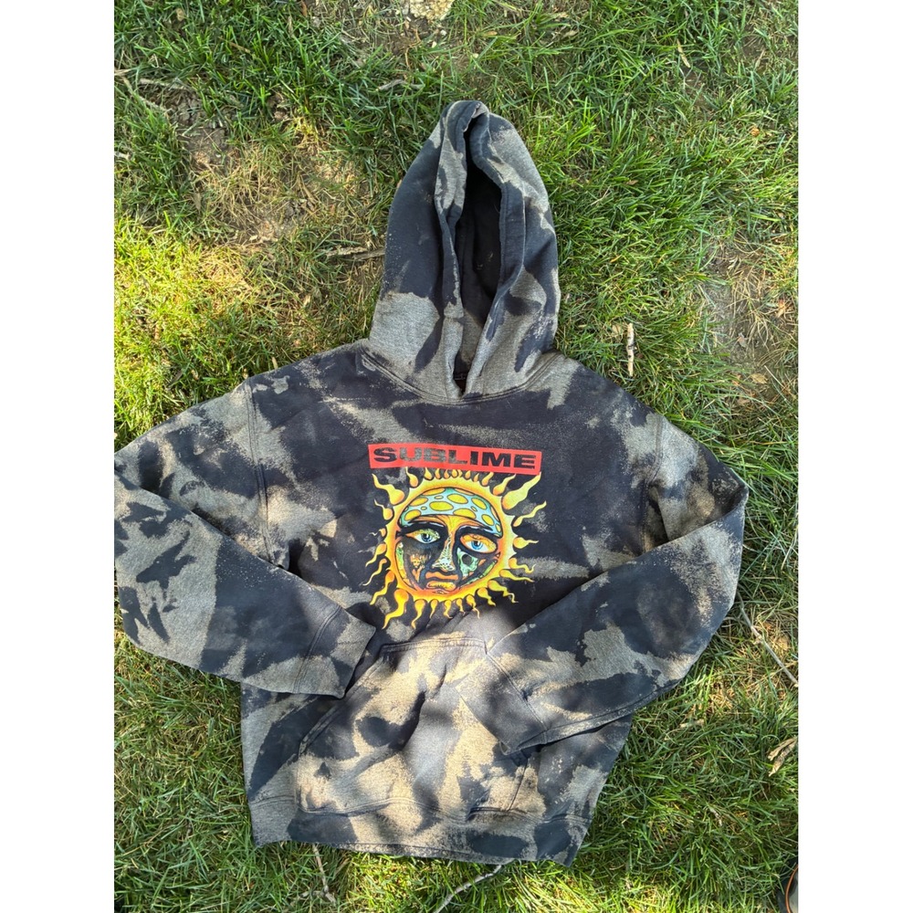 Sublime Sun Logo Acid Wash Tie Dye Hoodie Black Gray Graphic Pullover Small